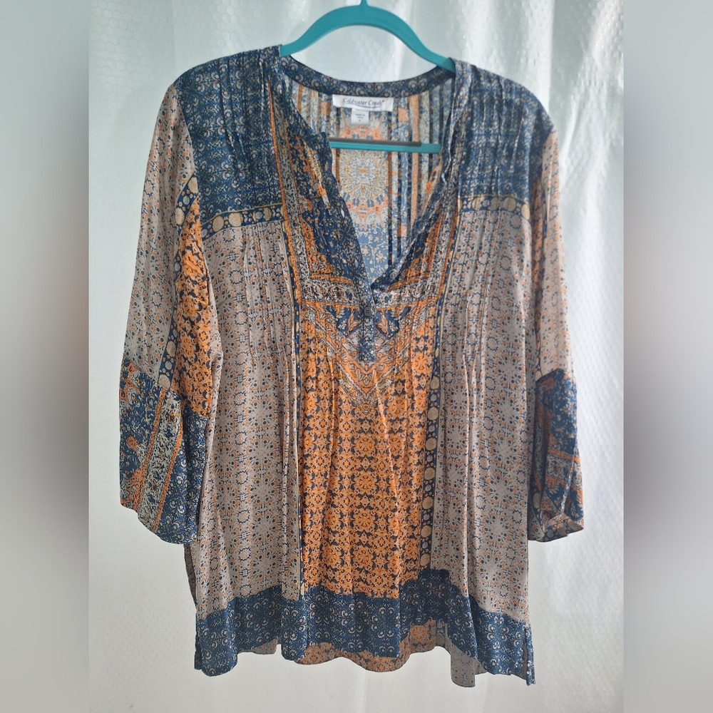 Coldwater Creek Blue and Orange Patterned Tunic Size L